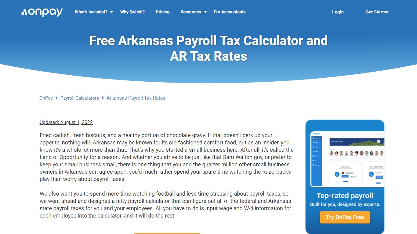 Free Arkansas Payroll Calculator | 2022 AR Tax Rates | OnPay